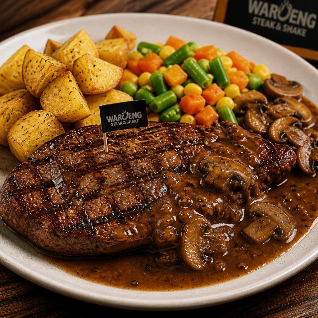 Beef Steak dengan daging sapi lembut, kentang lokal, dan mix vegetable